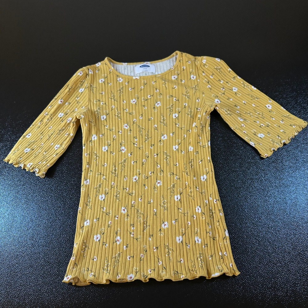 Old Navy Floral Ribbed Top‎ Ruffle Sleeve Girls Shirt Mustard Yellow Extra Large